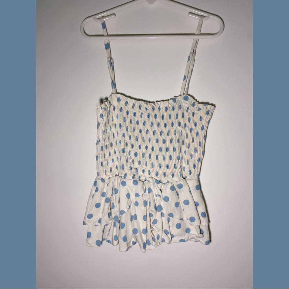 nwot, never worn, Zara white, blue polkadots smocked top